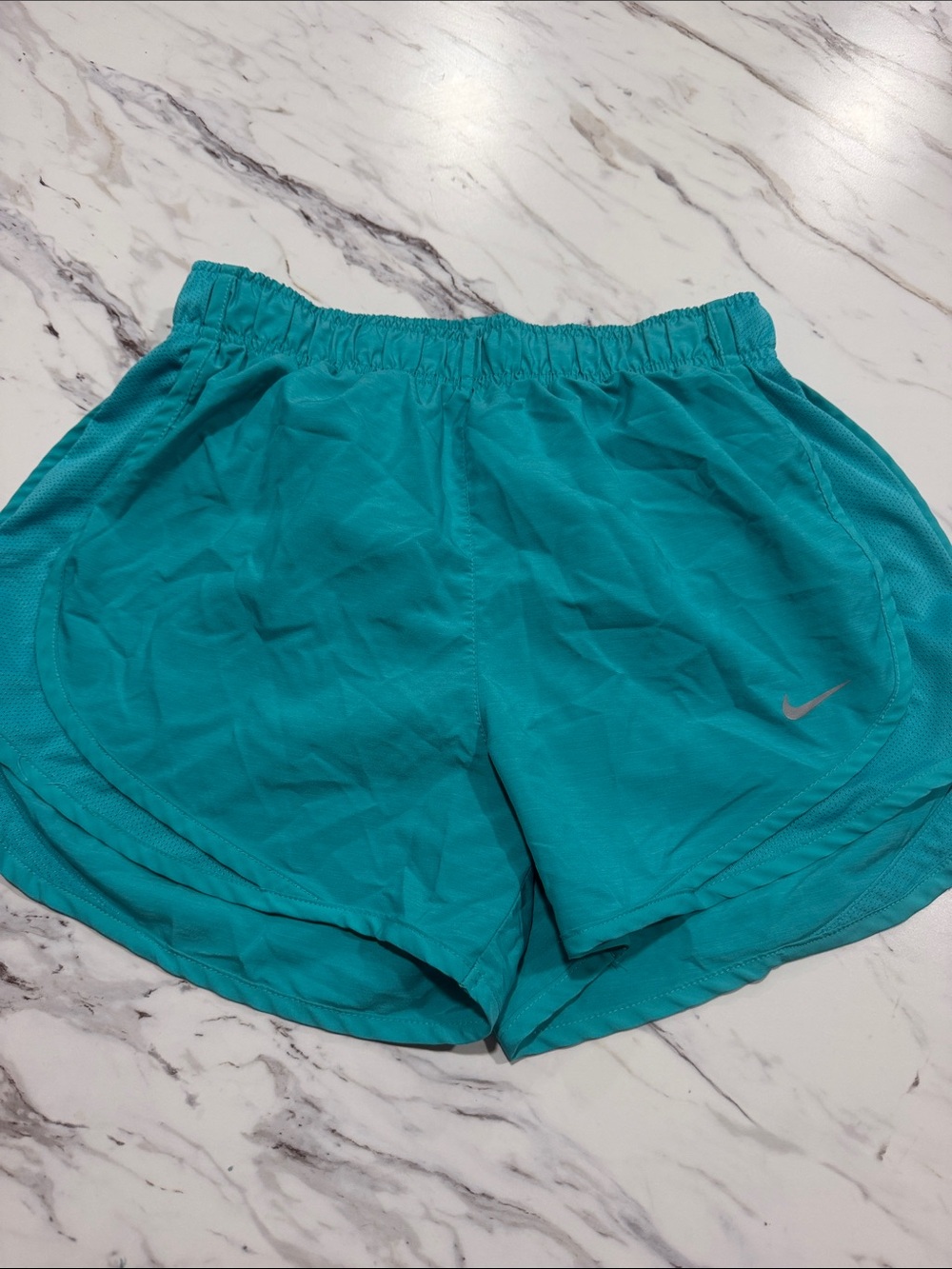 Nike Women's Aqua Athletic Shorts with Silver Swoosh